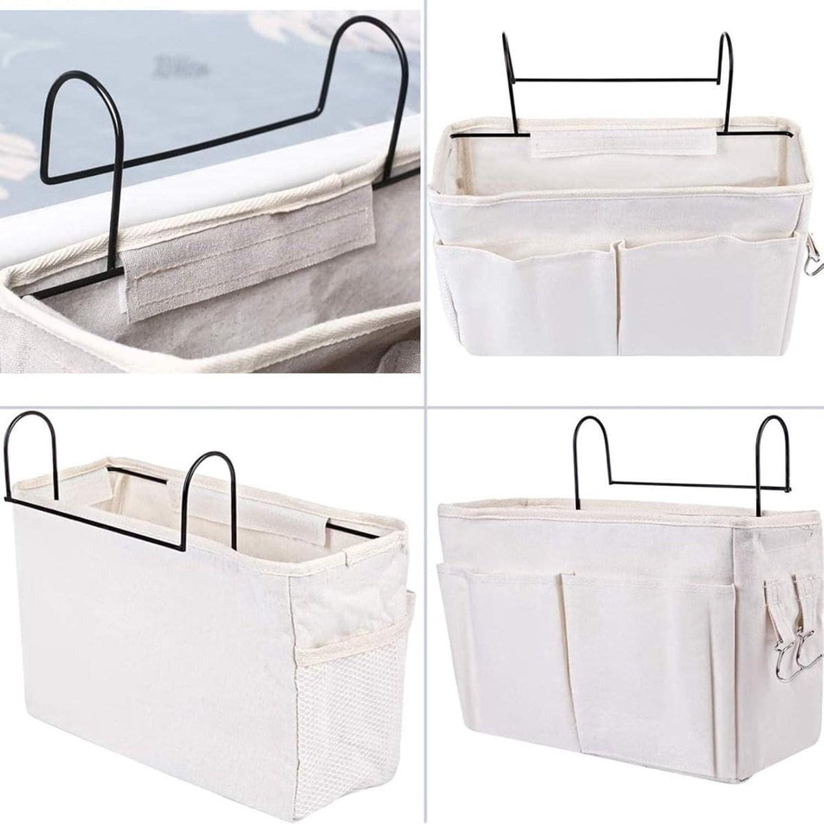 White cotton bedside storage organizer with multi compartments and top hanging hooks