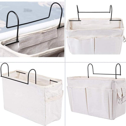 White cotton bedside storage organizer with multi compartments and top hanging hooks