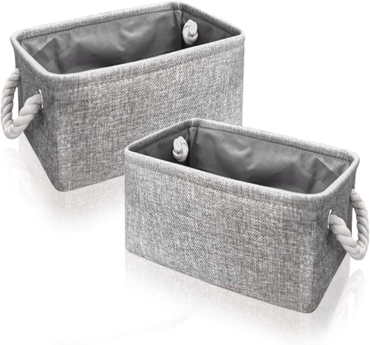 Set of two grey fabric storage baskets with rope handles and open tops