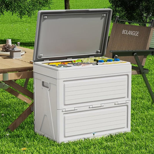 White foldable storage box with hinged lid and wheels, open with organizer compartments