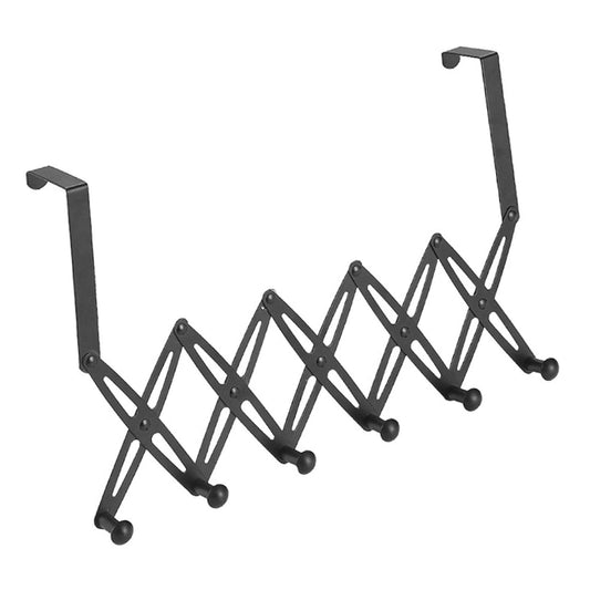 Black over-door coat hook rack with six foldable hangers and round end pegs