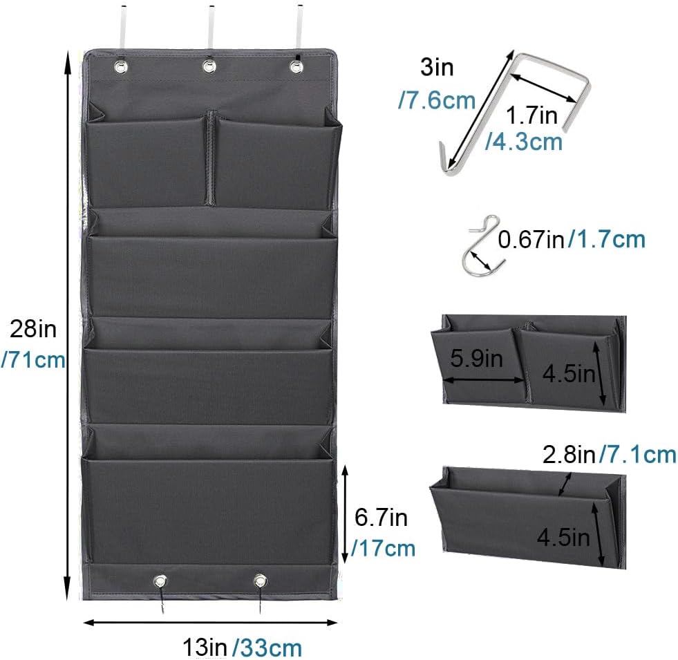 Over Door Organizer 5 Pocket Hanging Storage Bag Grey Wall Mounted Space Saving Organiser