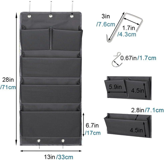 Grey hanging organizer bag with five pockets, metal hooks, and top hanging tabs