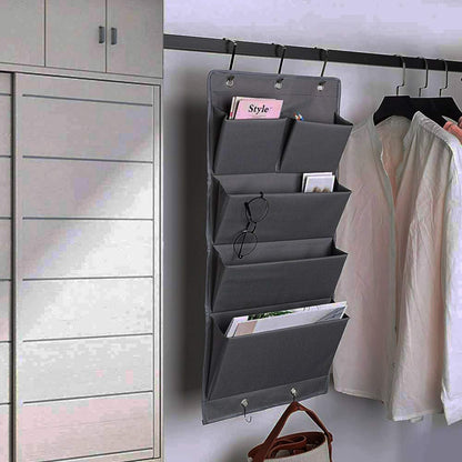 Over Door Organizer 5 Pocket Hanging Storage Bag Grey Wall Mounted Space Saving Organiser