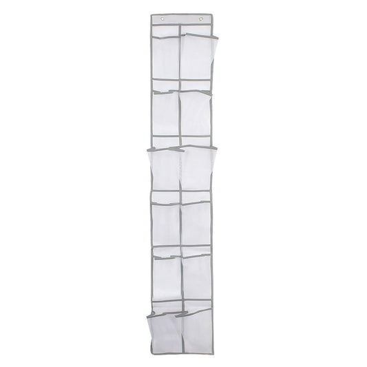 Over-door shoe organizer bag with 12 mesh pockets, hanging fabric panel, white.