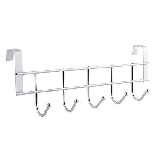 Silver over-the-door towel rack with 5 curved hooks and top hanging bar