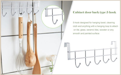 Over The Door Hooks, Door Hanger, Over The Door Towel Rack, Door Coat Towel Hanger Door Coat Rack, No Drilling Metal Hanger with 5 Hooks for Hanging Clothes, Jacket, Hats, 1 Pcs, 9.7x3.5x0.8 17.71" x 11.02" Silver