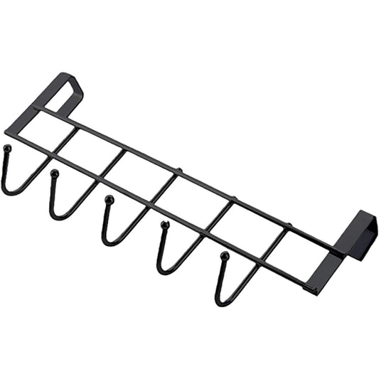 Black over-the-door towel rack with 5 curved hooks and wide mounting bracket