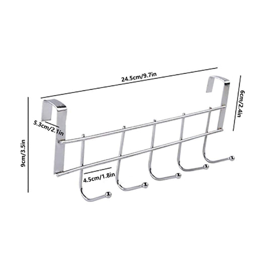 Over-the-door metal towel rack with 5 curved hooks and horizontal hanging bar