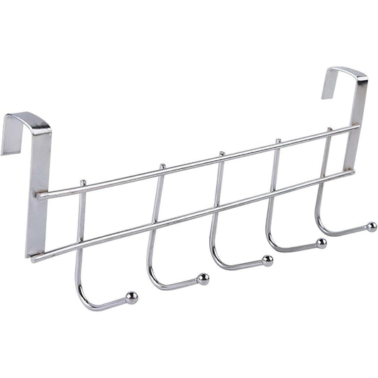 Over-the-door towel rack with 5 metal hooks, silver finish, end brackets for mounting