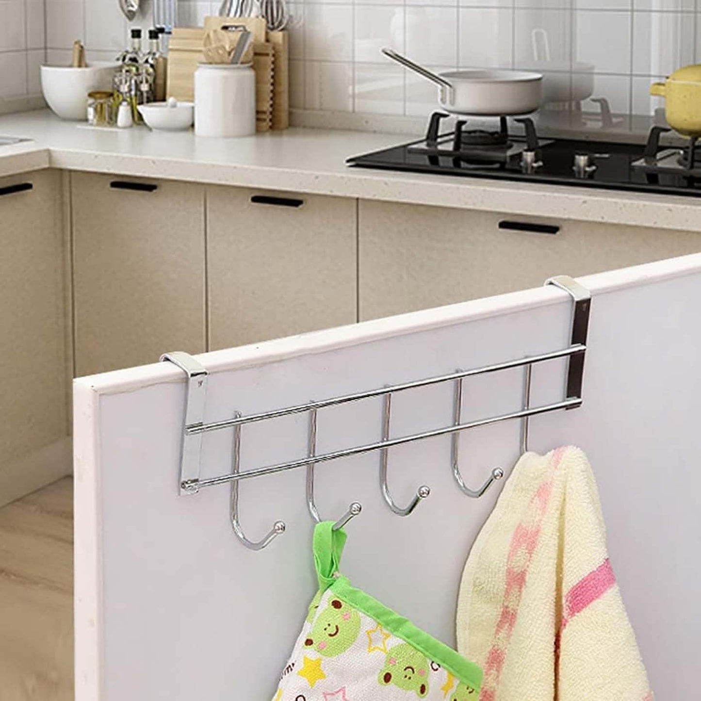 Over The Door Hooks, Door Hanger, Over The Door Towel Rack, Door Coat Towel Hanger Door Coat Rack, No Drilling Metal Hanger with 5 Hooks for Hanging Clothes, Jacket, Hats, 1 Pcs, 9.7x3.5x0.8 9.7" x 3.5" x 1.4" White
