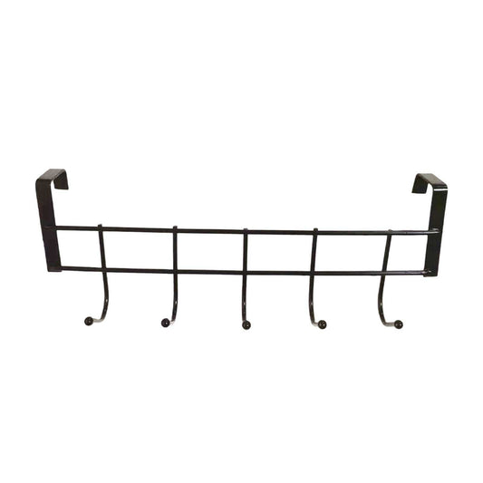 Black over-the-door hook rack with five curved hooks and horizontal bar frame