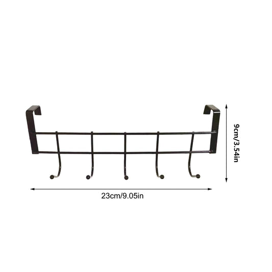 Black over-the-door hook rack with five hooks; front view with length and height shown