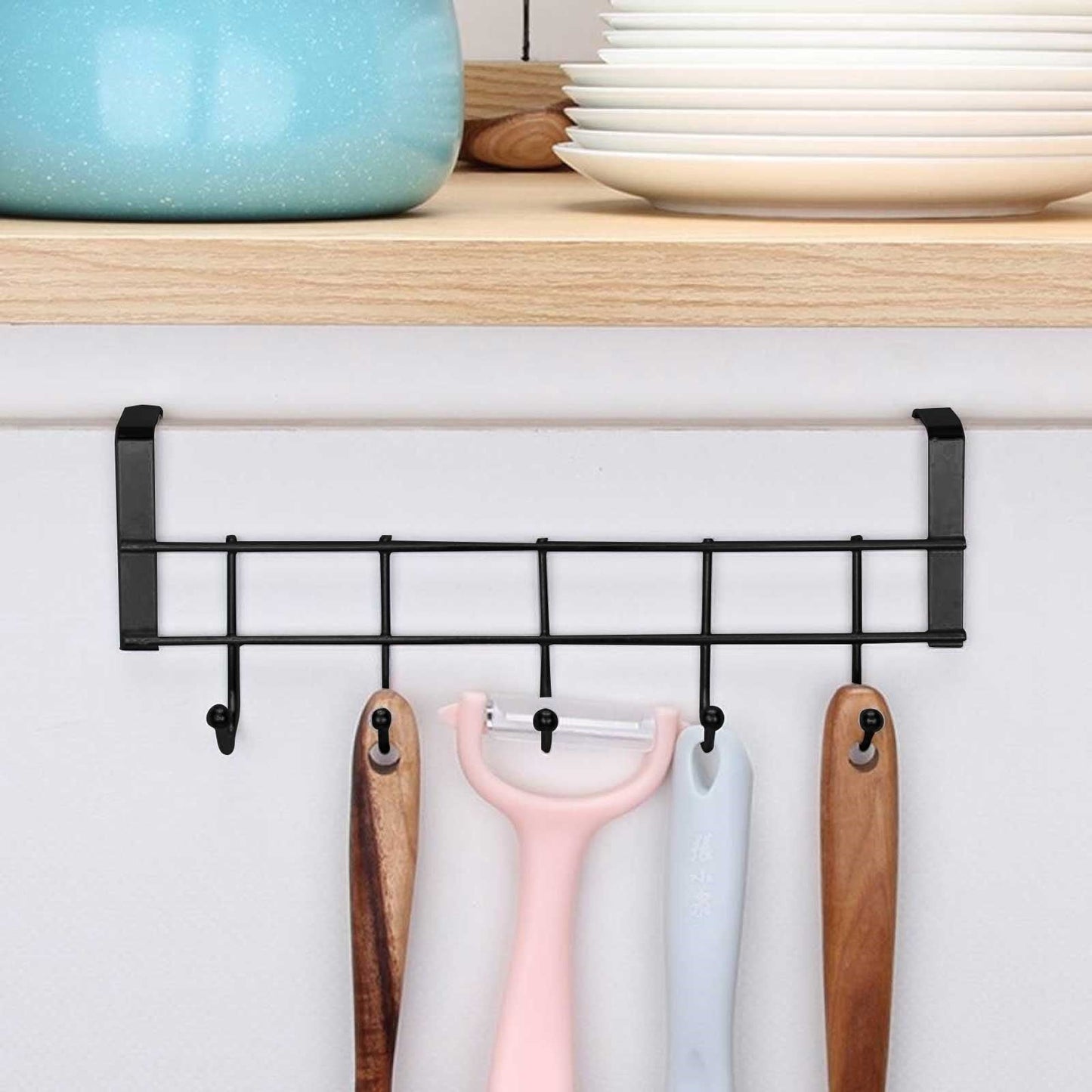 Over The Door Hooks For Hanging, Over The Door Hanger, Over The Door Organizer,Over The Door Towel Rack For Bathroom With 5 Coat Hooks, Bathroom Towel Holder Towels Hanger,Bedroom Door Hooks,(Black) Black-6PCS