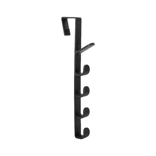 Black over-the-door hook organizer with multiple curved hooks on a vertical bar