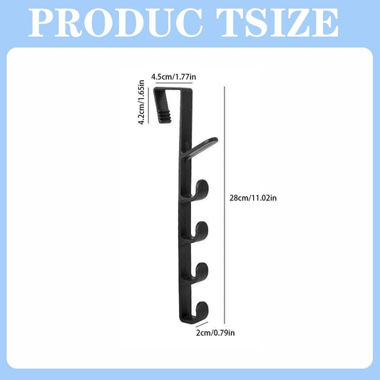 Black over-the-door hook organizer with five curved hooks on a vertical bar