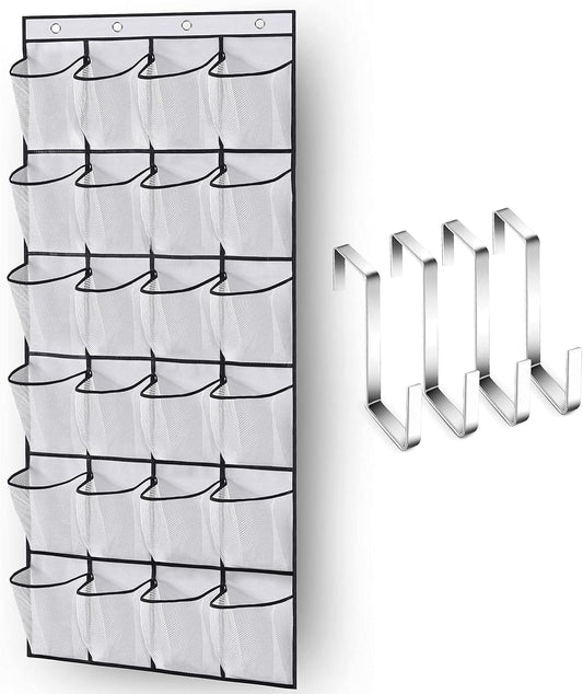 White over-the-door shoe organizer with 24 mesh pockets and black hanging hooks