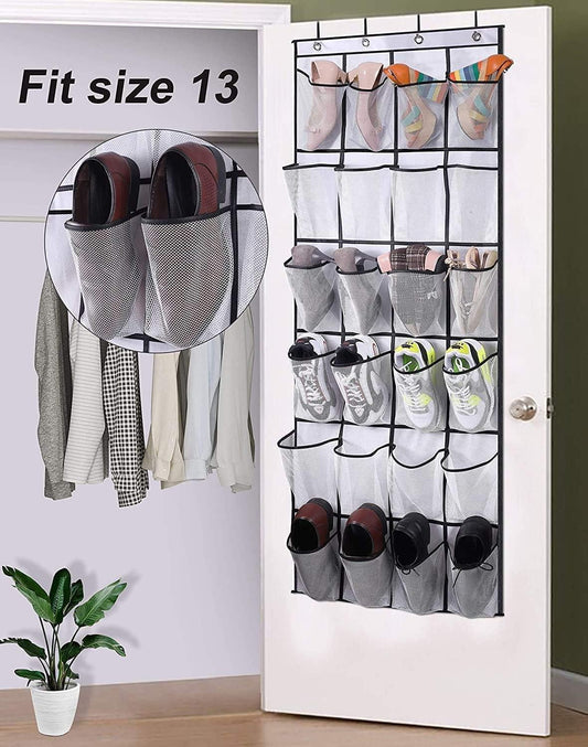 Over-the-door shoe organizer with mesh pockets holding shoes on a door