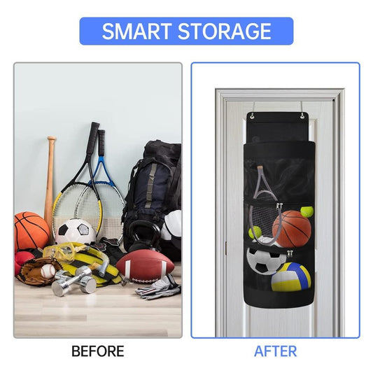 Black hanging mesh organizer bag on a door with zipper top and bottom storage