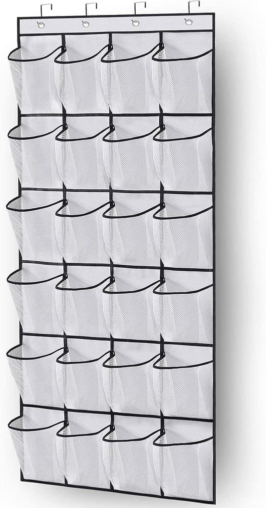 Over-the-door shoe organizer with black frame and translucent mesh pockets