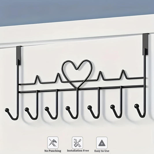 Black overdoor hanging hook rack with heart detail and multiple curved hooks