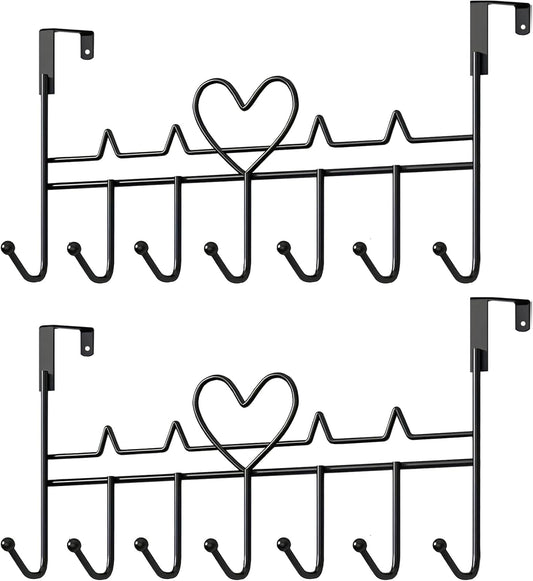 Black double overdoor hook rack with heart centerpiece and rows of hanging hooks