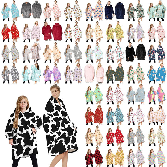Assorted oversized fleece pullover hoodies with hoods in multiple colors and prints