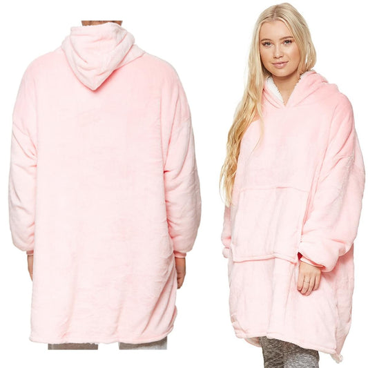 Oversized fleece hoodie pullover with hood and kangaroo pocket, baby pink