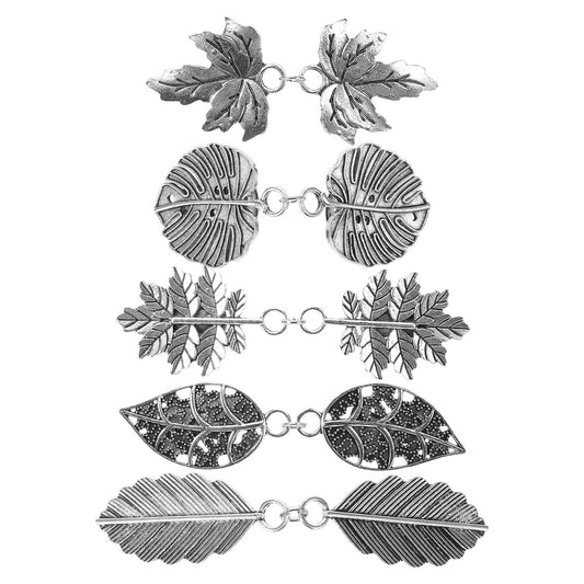 Set of five silver metal leaf sweater clips with connected chain links