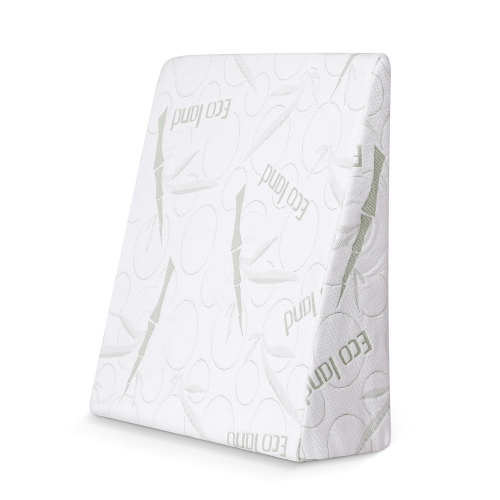 Wedge support pillow with white fabric cover and embossed pattern