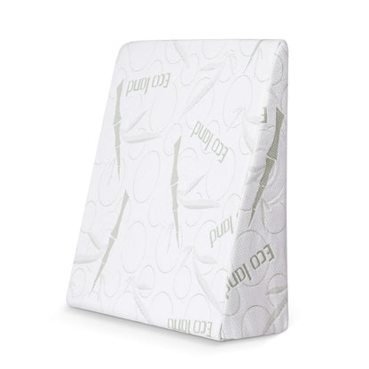 Wedge support pillow with white fabric cover and embossed pattern