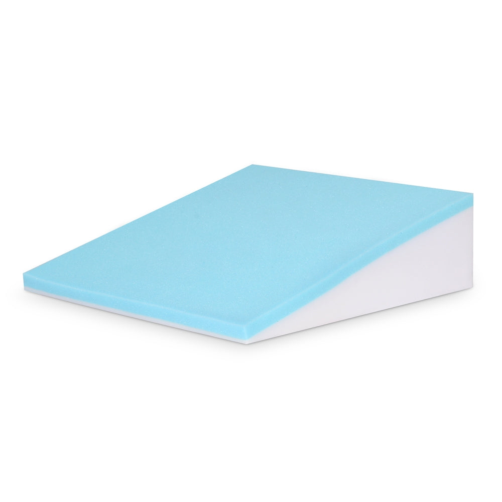 Wedge memory foam pillow with light blue foam top and white base