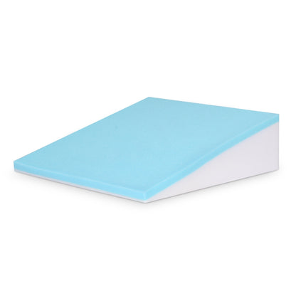Wedge memory foam pillow with light blue foam top and white base