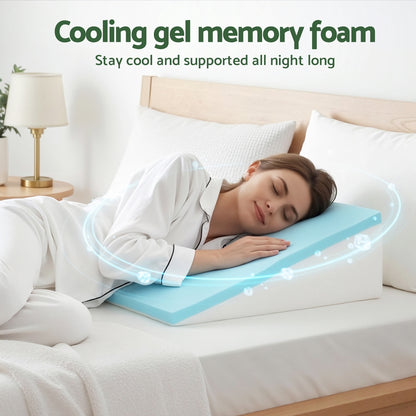 Cooling gel memory foam wedge pillow with light blue top under sleeping person
