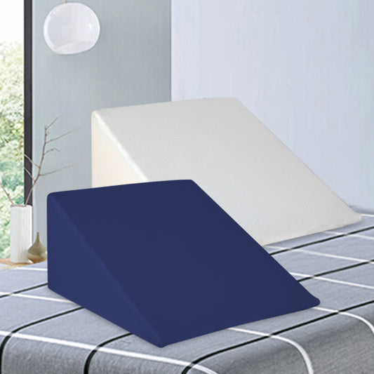 Blue and white wedge pillow with contoured angled shape for sleeping support