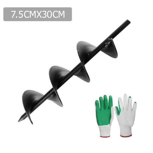 Black small earth auger bit with spiral helix and three soil blades