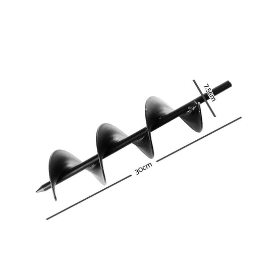 Black earth auger with three conical blades and 75mm x 300mm size markers