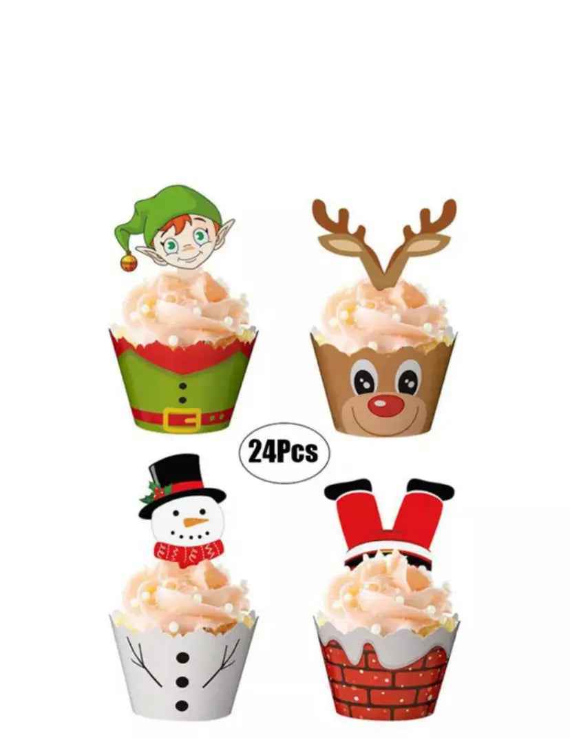 24pcs Christmas Cupcake Toppers Wrappers Party Supplies Favors - Christmas Party Decorations, Santa Claus Snowman Reindeer Christmas Tree Hand Cake Christmas Party Decorations Supplies.
