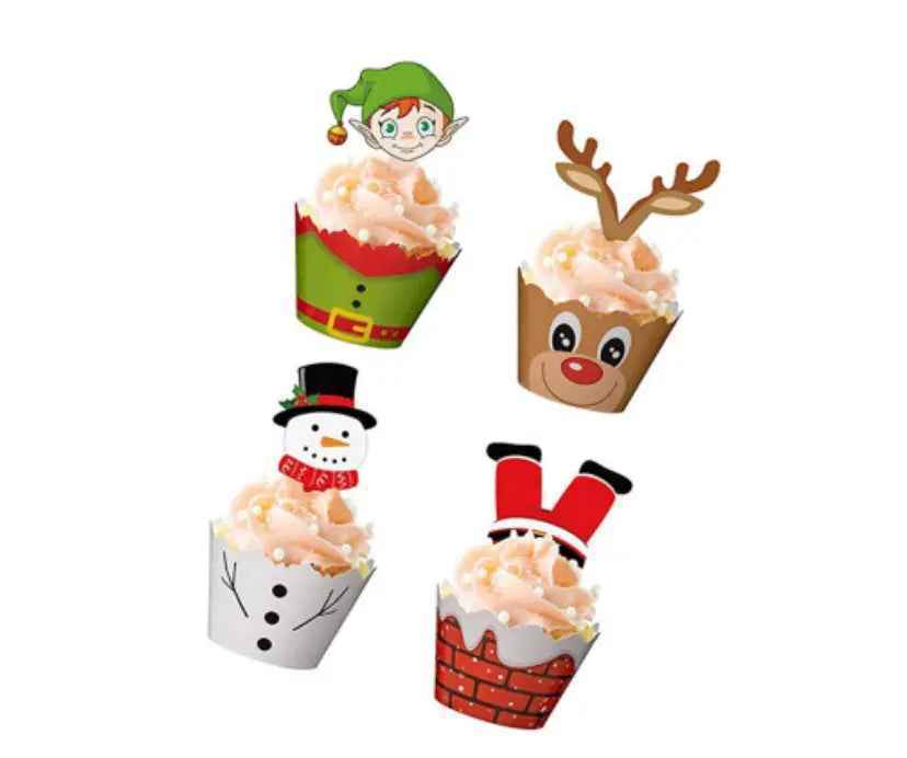 24pcs Christmas Cupcake Toppers Wrappers Party Supplies Favors - Christmas Party Decorations, Santa Claus Snowman Reindeer Christmas Tree Hand Cake Christmas Party Decorations Supplies.