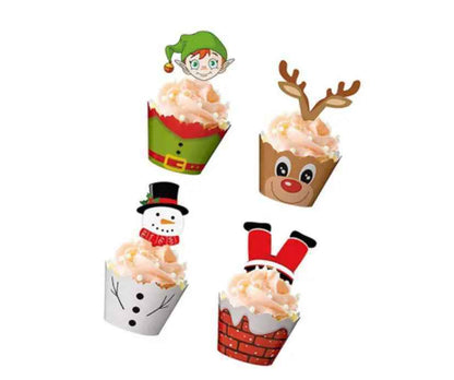 24pcs Christmas Cupcake Toppers Wrappers Party Supplies Favors - Christmas Party Decorations, Santa Claus Snowman Reindeer Christmas Tree Hand Cake Christmas Party Decorations Supplies.