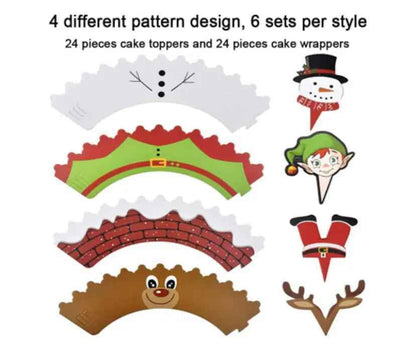 24pcs Christmas Cupcake Toppers Wrappers Party Supplies Favors - Christmas Party Decorations, Santa Claus Snowman Reindeer Christmas Tree Hand Cake Christmas Party Decorations Supplies.