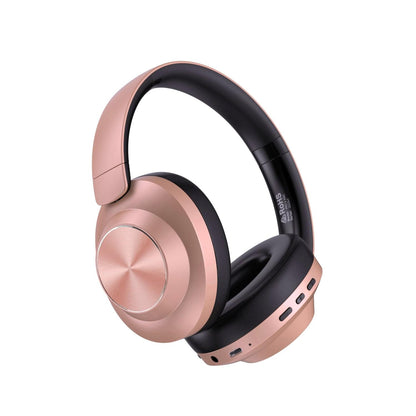 Rose gold and black over-ear headphones with side control buttons and cushioned pads.