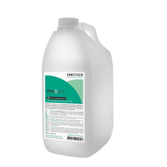 Progroom Protect sanitiser ultra concentrate bottle, white with green label