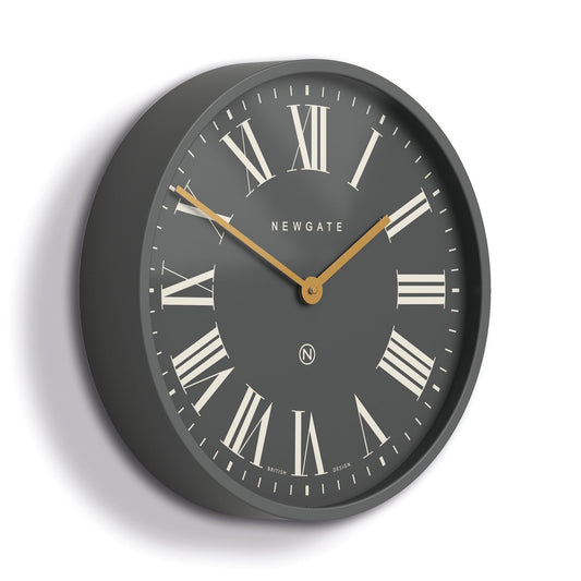Angled wall clock with slate-grey dial, Roman numerals, gold hour and minute hands