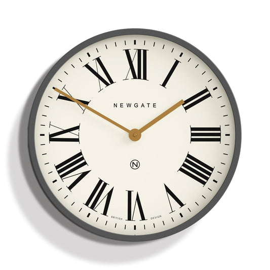 Moonstone grey wall clock with roman numerals, cream dial, gold hands and markers