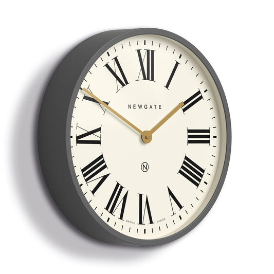 Moonstone grey wall clock with roman numeral dial, gold hands and index markers