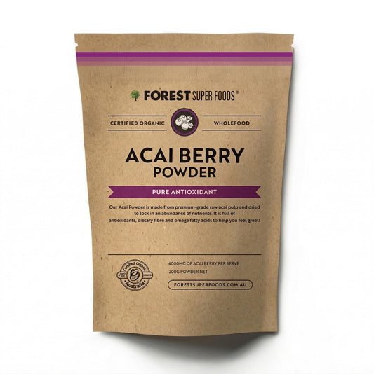 Brown kraft acai powder pouch with Forest Super Foods branding and purple top seal.