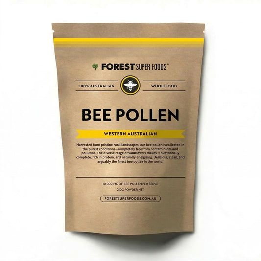 Bee pollen supplement pouch in brown kraft paper with yellow stripe and bee pollen label