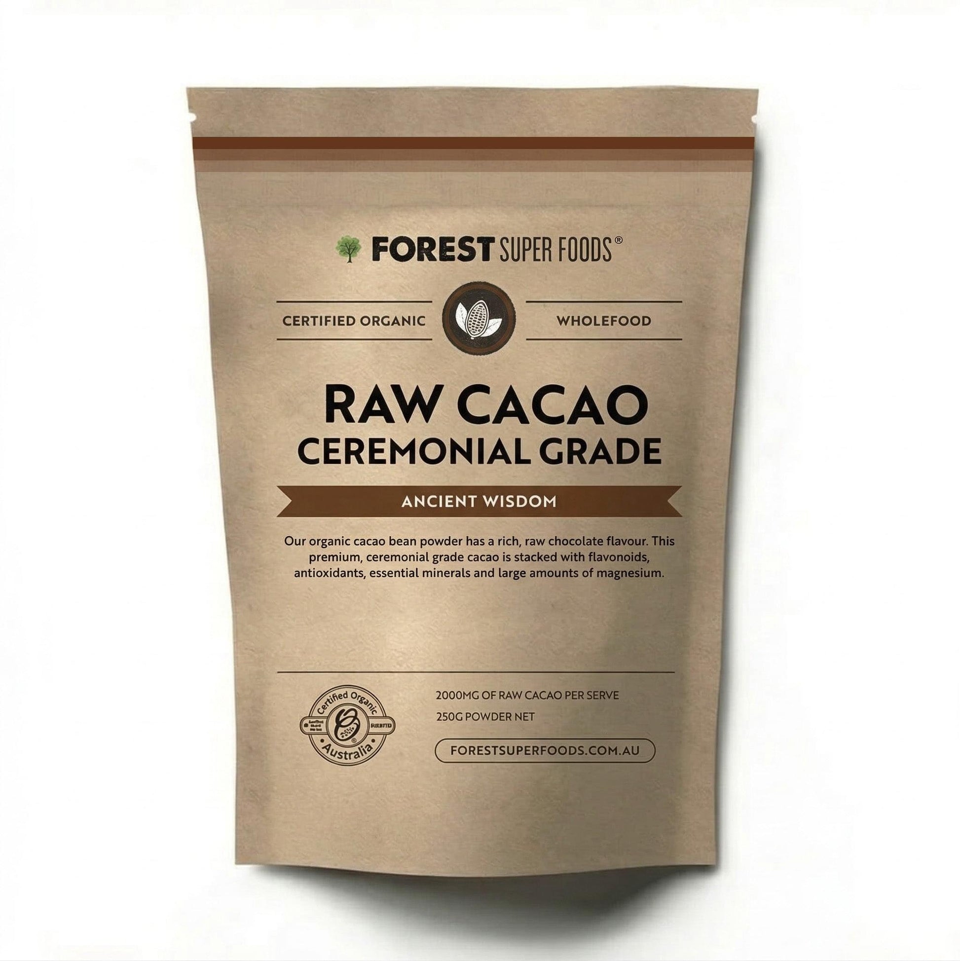 Raw ceremonial cacao pouch, certified organic wholefood, brown kraft paper package