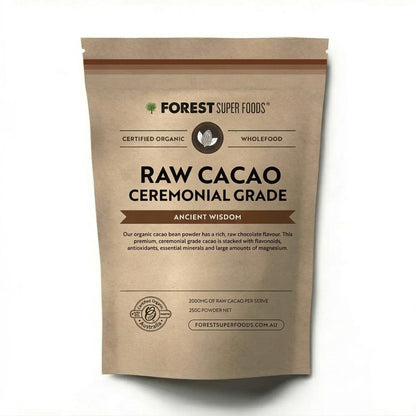 Raw ceremonial cacao pouch, certified organic wholefood, brown kraft paper package